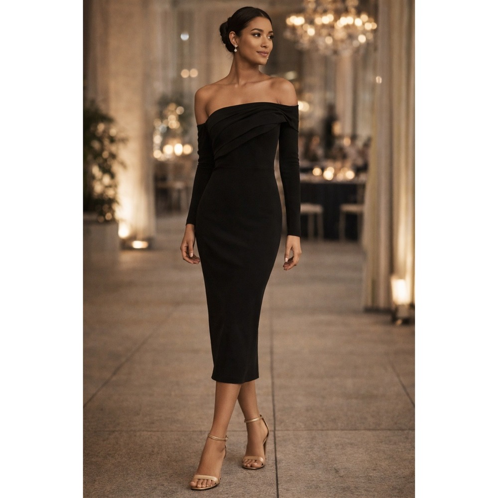 BHLDN Black Off-the-Shoulder Long-Sleeve Midi Dress
